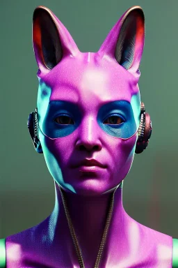 Medium Close Up Portrait, Front image. cyberpunk, rabbit mask, Japanese woman, pink short hair. latex, glossy suit. Pink, black, white, color. Mad max style. Color background, photo studio. Avatar image, highly detailed, concept art, smooth, unreal engine 5, god rays, ray tracing, RTX, lumen lighting, ultra detail, volumetric lighting, 3d, finely drawn, high definition, high resolution.