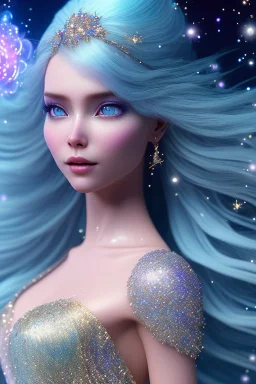 woman glitter blue fairy in a galactic ambiance, long blue hair, detailed gorgeous smile, delicate colors in the foreground, full of details, smooth, light effect，vaporwave colorful, smooth, extremely sharp detail, finely tuned detail, ultra high definition, 8 k, unreal engine 5, ultra sharp