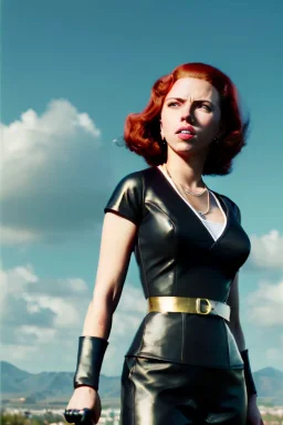 retro portrait image from 1960, sky background, wind, long red hair, fighting stance, sweet young Scarlett Johansson, black dress, classic tight lycra black suit, weapon, gold bracelet and belt, high heel boots, soft color, highly detailed, unreal engine 5, ray tracing, RTX, lumen lighting, ultra detail, volumetric lighting, 3d, finely drawn, high definition, high resolution.