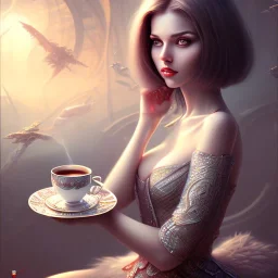 3d fantasy art, book cover, sexy short haired woman with cute eyes enjoying tea by the mirror