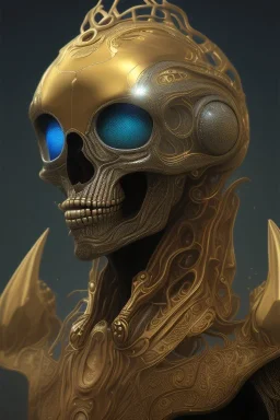 black African alien, cracks in the head, wicked, Asian eyes, crown, blood, 8k, finely detailed, photo realistic, Boris Vallejo style turquoise skull head gold dragon space alien rain skeleton silver helmet silver space suit spaceships