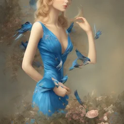 bueatiful woman in blue dress, bird