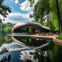 restaurante con forma de una cuchara, en un lago, de estilo moderno rodeado de arboles