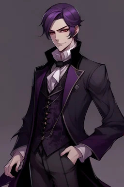 crea un personaje de anime masculino, con pelo violeta oscuro, vestimenta elegante y oscura de la epoca victoriana. hacelo de cuerpo entero