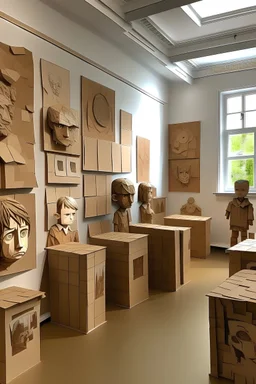 an art room gallery displaying 3D cardboard portraits of children with a modern ambience