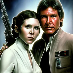 old carrie fisher embracing harrison ford in star wars, waist up portrait, photorealistic faces, intricate, oil on canvas, masterpiece, expert, insanely detailed, 4k resolution, cinematic smooth, intricate detail , soft smooth lighting, soft pastel colors,