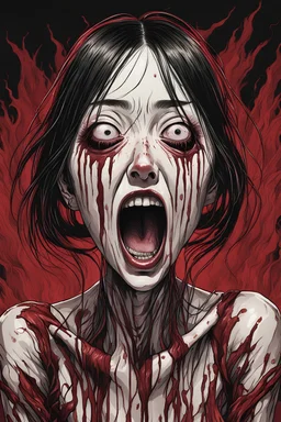 woman with rare eyes, face distorted with pain, screaming, tears streaming from eyes, siting pose, fullbody, Junji Ito style, darkred tones,