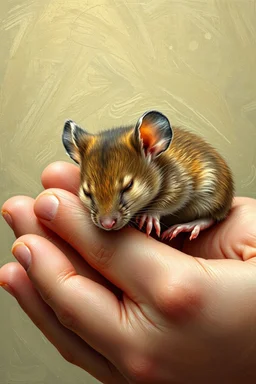 Van Gogh painting style of a mouse peacefully sleeping in to hand , The mouse’s fur harmonizes with the scene, that blend with the warmth of the hands , contrasting with natural hands skin