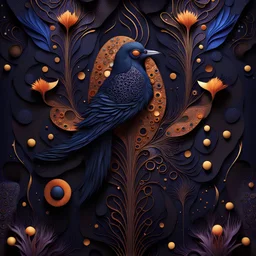 deep dark luminescence rich colors, reminiscent of abstract luxury, minimalist abstract pattern with dots and lines, clean with some abstract elements, with dark colors , trending on artstation, sharp focus, studio photo, intricate details, highly detailed, by Gustav Klimt, Antonio Gaudi, greg rutkowski, fantasy geometric galaxy bird plants