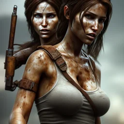 rusted wood, lara croft with big breast, 8K, a Highly detailed stunning full frame portrait, wide-angle view, a realistic face, volumetric lighting, volumetric clouds