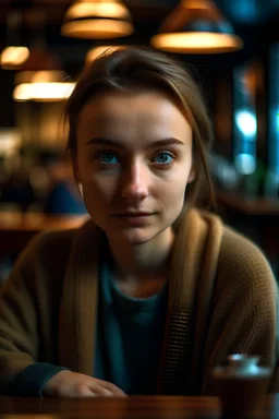 A beautiful girl in a cafe, looking directly into the frame, cinematic high detail, ultra realistic, cinematic lighting, Shot on 50mm lense, Ultra-wide Angle, Depth of Field, hyper-detailed, beautifully color-coded, beautifully color graded, Unreal Engine, Cinematic, Color Grading, Editorial Photography, Photography, Photoshoot, Shot on 70mm lense, Depth of Field, DOF, Tilt Blur, Shutter Speed 1/1000, F|22, White Balance, 32k, Super-Resolution, Megapixel, ProPhoto RB, VR, Lonely, Good, Massive,