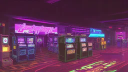 A dark photo of the corners of an 80's aesthetics arcade at night, with a lot of functioning arcade machines, a vaporwave floor and some colorful tiles in between the floor. Purple aesthetics. There are some pizza boxes over some of the arcade machines. The wall has a ticket shop who sells plushies, food and laser tag guns