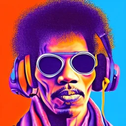 a realistic portrait of Jimi Hendrix at a turntable with headphones on being a DJ, vivid color, with sunglasses