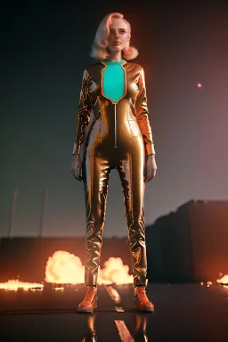 retro sci-fi portrait image from 1980, Los Angeles street explosions, fire, scared people, sweet young blonde woman walking, tight latex suit, soft color, highly detailed, unreal engine 5, ray tracing, RTX, lumen lighting, ultra detail, volumetric lighting, 3d, finely drawn, high definition, high resolution.