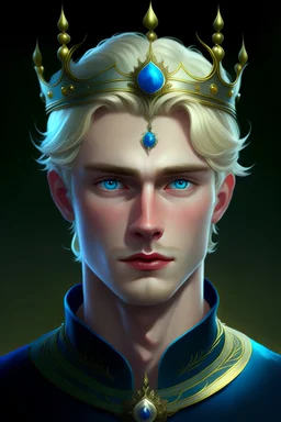 pria dengan rambut blonde, berkulit putih, bernata biru, matanya tajam, ganteng, pangeran mahkota