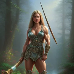 cinematic, majestic female barbarian, bodybuilder woman, bokeh, castle fortress, by thomas kinkade mark keathley terry redlin