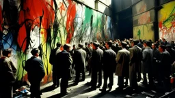 chaos is the new regime, abstract painting, use flat bright colors displayed art, Charcoal, Metallic Ink: merging into walls of shadow., refugees, conformity, Analogue film photo, , 1950s, candid, retro analog, 35mm film, film grain,