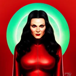 ultra detailed fullbody portrait of Wanda Maximoff, wearing skintight Red costume, extremely detailed digital painting, intrincate, extremely detailed smiling face,crystal clear Big Green eyes, in the style of Adam Hughes , mystical colors , perfectly centered image, perfect composition, rim light, beautiful lighting,8k, stunning scene, raytracing