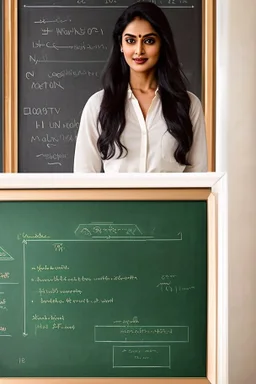 An elegant and graceful Indian actress stands before a green chalkboard adorned with diagrams. She wears a white button-up shirt paired with a flowing skirt, exuding charm and beauty. The scene is captured in exquisite detail with 8K UHD resolution using a DSLR camera, complemented by soft lighting and high-quality film grain from the Fujifilm XT3. With a captivating expression, she gazes upwards, her eyes closed, while adding a touch of allure with fishnet stockings and high heels.