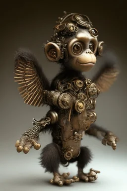 small cute steampunk mechanical monkey, made of metal with mechanical wings, cute hands and feet