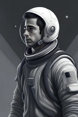 A DIGITAL ART portrait of a soldier astronaut walking. He is 30 years old. His eyes are tired. He is stoic and focused. Grey. We see him from across the room. He is ready to talk.