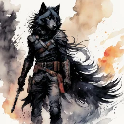 ink wash and watercolor full body concept illustration of an anthropomorphic, adventurous Black Wolf, mercenary soldier girl character with wildly flowing hair, ornately dressed with highly detailed feathers and facial features in the comic book style of Bill Sienkiewicz and Jean Giraud Moebius, with a fine art aesthetic, highly detailed , boldly inked, 4k UHD cinegraphic quality