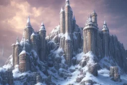 fortress like minas tirith on the side of a singular snowy mountain with a single tiny man standing infront of it in dark fantasy style