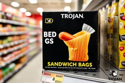 satirical product advertisement, Trojan brand black and gold sandwich bag box on display on a grocery store shelf, "RIBBED SANDWICH BAGS", picture on box is a long tubular hot dog bun poking out of an opaque yellow crenelated plastic bag, photorealistic, HD, natural lighting, Trojan brand logo