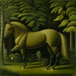 An olive green horse painted by Henri Rousseau