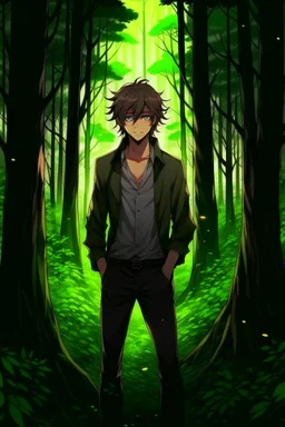 A anime handsome man standing in a dark forest