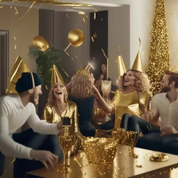 A picture of partying people in a living room with gold party decoration