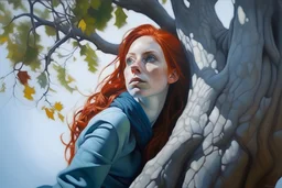 Cold colors realistic Painting of a redhead young woman queen in a giant tree