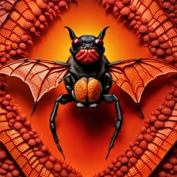 A national geographic award skin color patterned like a poisinous incect or reptile, horrorcore, science gone crazy, winning photograph of of a bat spider housefly hybrid in nature and on the hunt, 64k, reds, oranges, and yellows anatomically correct, 3d, organic surrealism, dystopian, photorealisitc, realtime, symmetrical, clean, 4 small compound eyes around two larger compound eyes, surrealism telephoto dynamic lighting 64 megapixels Unreal Engine volumetric lighting VRay