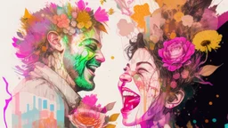 Band_playing_music+Flowers+crowds_of_laughing_happy_people_dancing&holding_beer_mugs double exposure liquid gouache illustration with ink splash art, CG Society and Carne Griffiths and James Christensen and Dan Mumford, Lou Xaz, active double exposure joyful