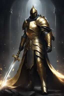 photorealistic holy knight paladin in darkly gold armor and a cape wielding a greatsword in abyss