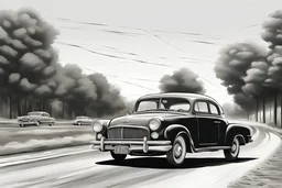 generate an image fast old car on the road like a draw minimal style black and white pencil style.