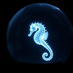 3d hologram of a seahorse made entirely out of light beams transmitted into a futuristic glass globe, shimmering translucent electric glowing lines, chiaroscuro, black background, contoured 3D hologram art,