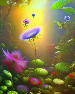 mystical venus fly trap, flowers, jungle, impressionism, daylight, trees in background, dragonfly,