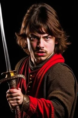 european brown hair young adult royal guard swordsman with rapier scary face screamer