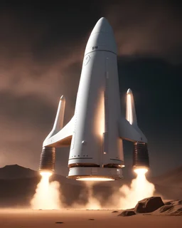 50mm Photograph of SpaceX starship designed by SpaceX landed on a Mars realistic nighttime landscape, smoke and dust, UHD, 8K, unreal 5 render,
