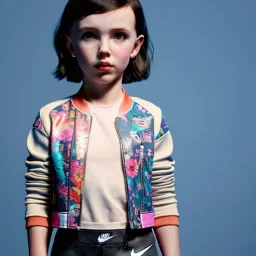 Millie bobby brown toddler, full body, leather jacket, floral shirt, floral skirt, Nike sneaker, soft skin, city background, dramatic lighting, hyper realistic