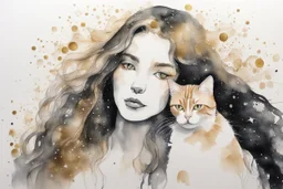 long haired woman with cat, white watercolor and black ink, golden glitters