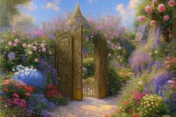 intricate ornate gate, garden, path, flowers, fine detail, high quality, Post-Impressionism, mystical,