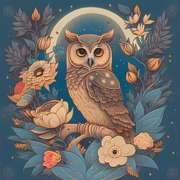 Best quality, masterpiece, ultra high res, detailed, illustration, design, flat vector style, high resolution, illustraTed, shadows and light, aesthetic, modern, ambient lighting, flat colors, vector illustration, owl, moon, leaves, stars, flowers, sailor jerry tattoo, old school tattoo