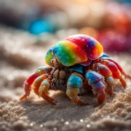 hermit crab in a colorful crystall shell in sand, next to a red green yellow blue ice slushy in beach , sharp focus, high contrast, dark tone, bright vibrant colors, cinematic masterpiece, shallow depth of field, bokeh, sparks, glitter, 16k resolution, photorealistic, intricate details, dramatic natural lighting