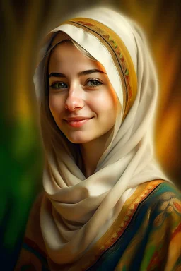 Realistic digital art, full body portrait, delicate young Norwegian Muslim, mature, beautiful and attractive, cute nose, wearing a hijab, full lips, sweet smile, light natural makeup, wearing a white wrap dress, Nordic pattern, long wavy hair, colored eyes bronze, digital art, masterpieces, trending at art station, volumetric lighting, triadic colors