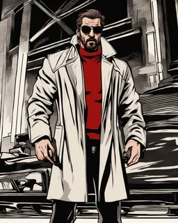 a young man with big muscles who looks like hans gruber wearing a heavy coat and red sunglasses staring with an irritated look on his face standing in front of a large fire