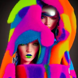 stylish coat for a rave, bright colors, many details, prints, photo for a magazine, photo for a store, fashion photography, Vogue, 135 mm, cinematic, hyper realism, high detail, octane render, 8k, chrome accents, very coherent symmetrical artwork, perfect face model, full length photo, Upper and lower body, even skin tone,Soft shadows on the face