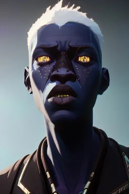 A portrait of post-apocalypse beautiful Albino African man in a cyberpunk city, sci-fi fantasy style, volumetric lighting, particales,highly detailed,cinamatic, deep colours,8k.