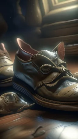Bosch painting style nightmare, A hyperrealistic shot of a pair of old army leather shoes with a large hole in front and small mouse hidden in it , the head of the mouse , intricate details, soft natural light, screen captured from 4K Blu-ray
